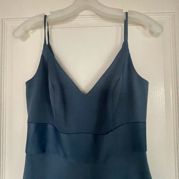 David's Bridal // Steele Blue Spaghetti Strap Satin Top Chiffon Bridesmaid Dress - Picture 6 of 7